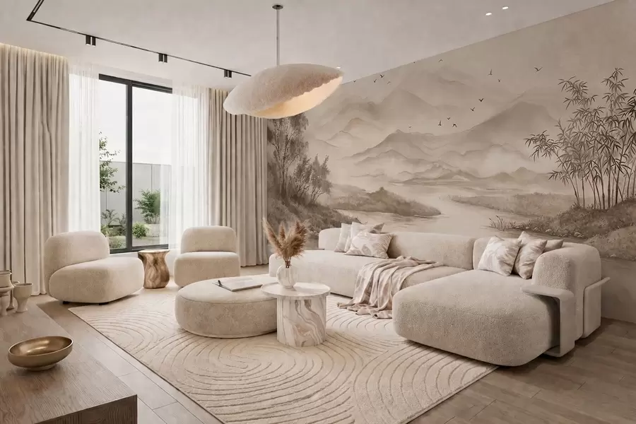 murales de pared Paisaje tranquilo con un río y montañas en la lejanía w05535v1