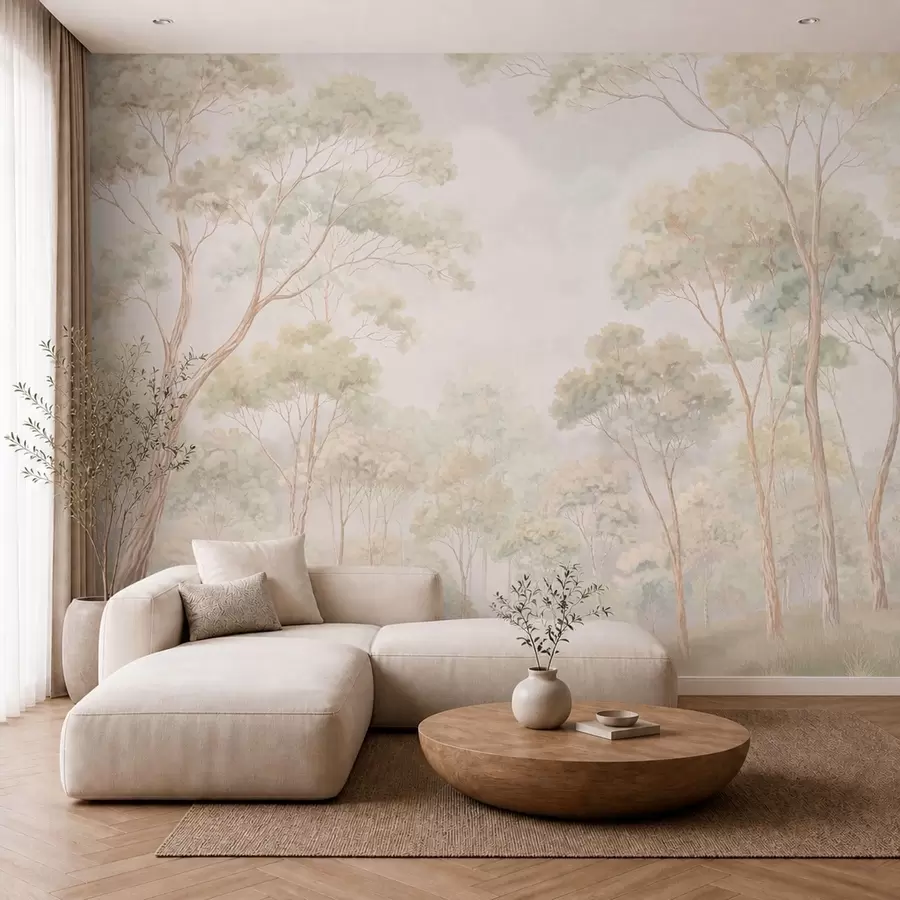 murales de pared Escena forestal luminosa con árboles altos w05624