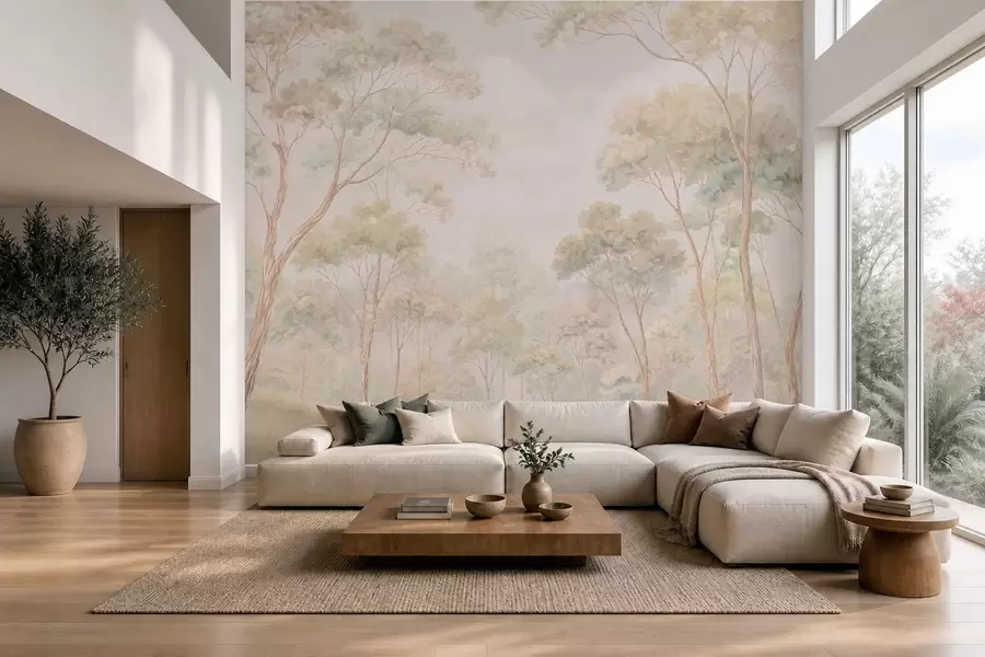 murales de pared Escena forestal luminosa con árboles altos w05624