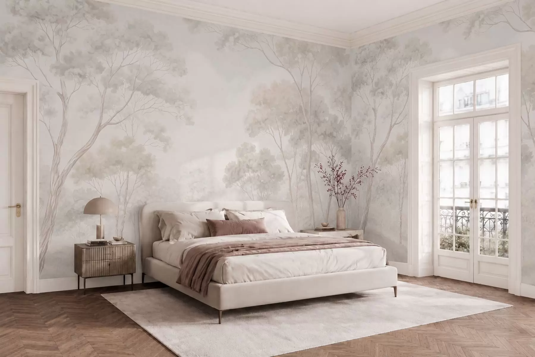 murales de pared Un bosque brumoso y apacible en tonos pastel w05624v1