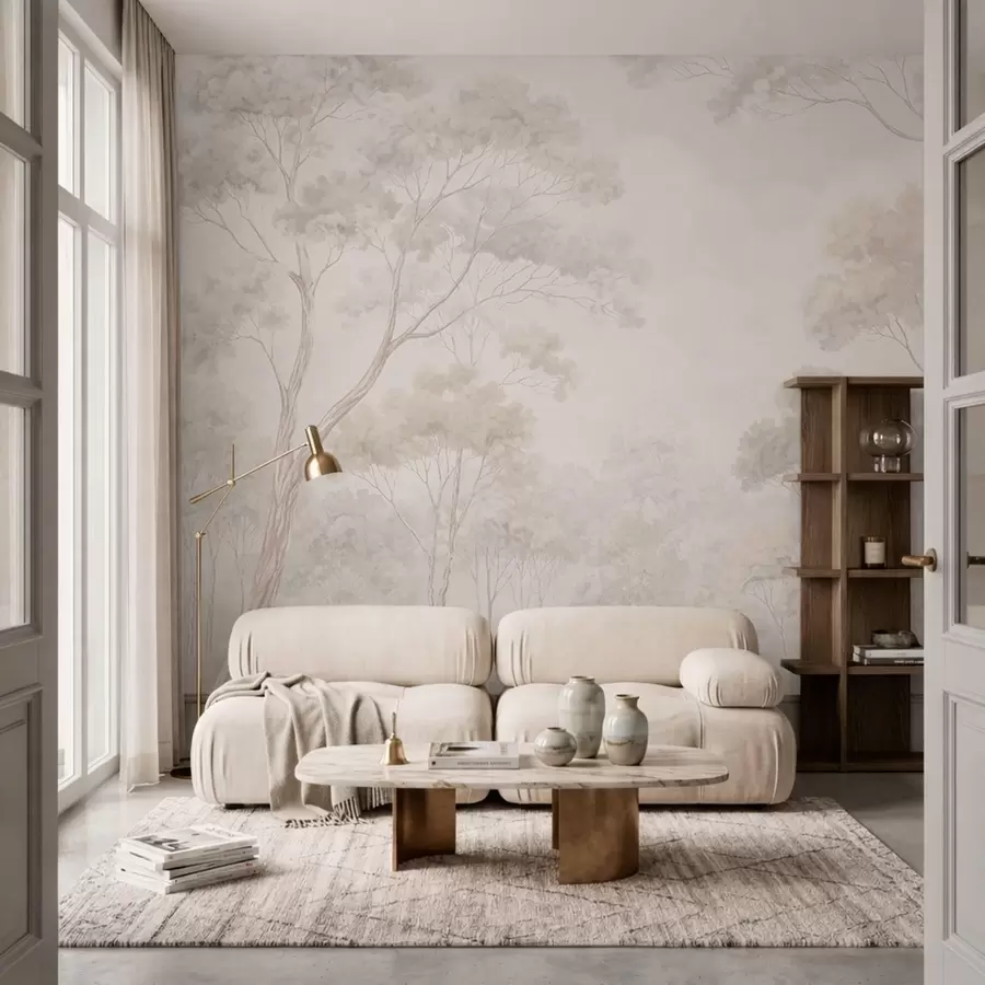 murales de pared Un bosque brumoso y apacible en tonos pastel w05624v1