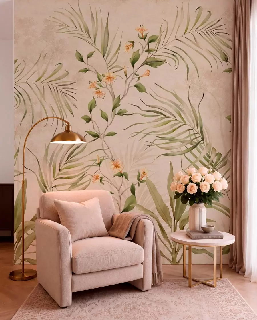 murales de pared Hojas tropicales y flores delicadas sobre un fondo beige w05625