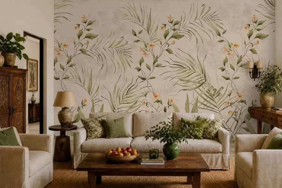 murales de pared Hojas tropicales y flores delicadas sobre un fondo beige w05625