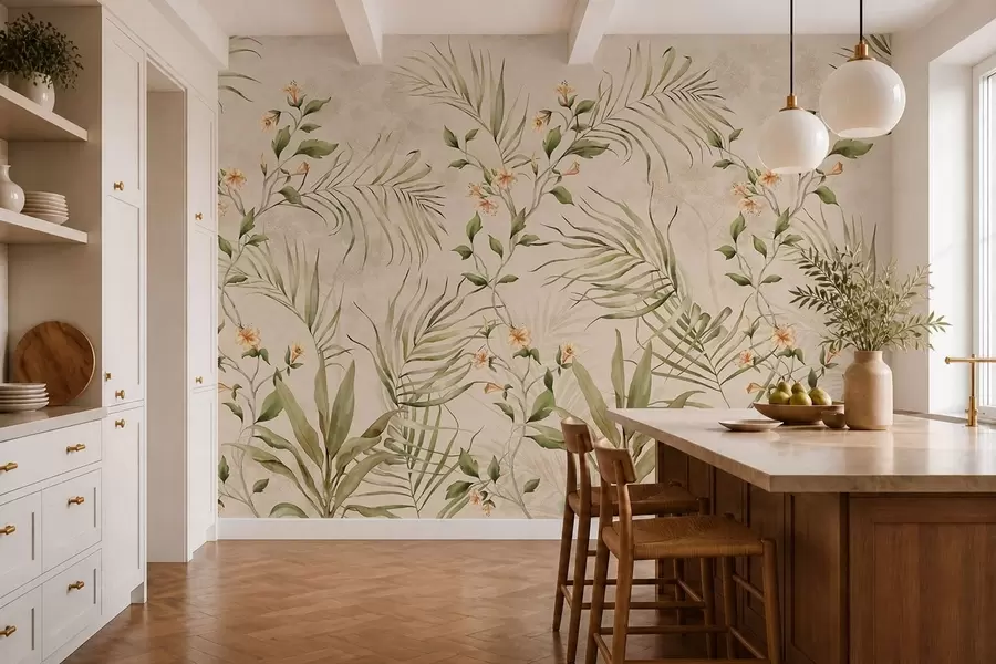 murales de pared Hojas tropicales y flores delicadas sobre un fondo beige w05625