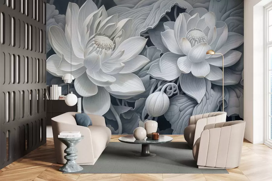 murales de pared Flores de loto de estilo vintage con suaves tonos sepia y pétalos detallados; ilustración botánica artística w05494