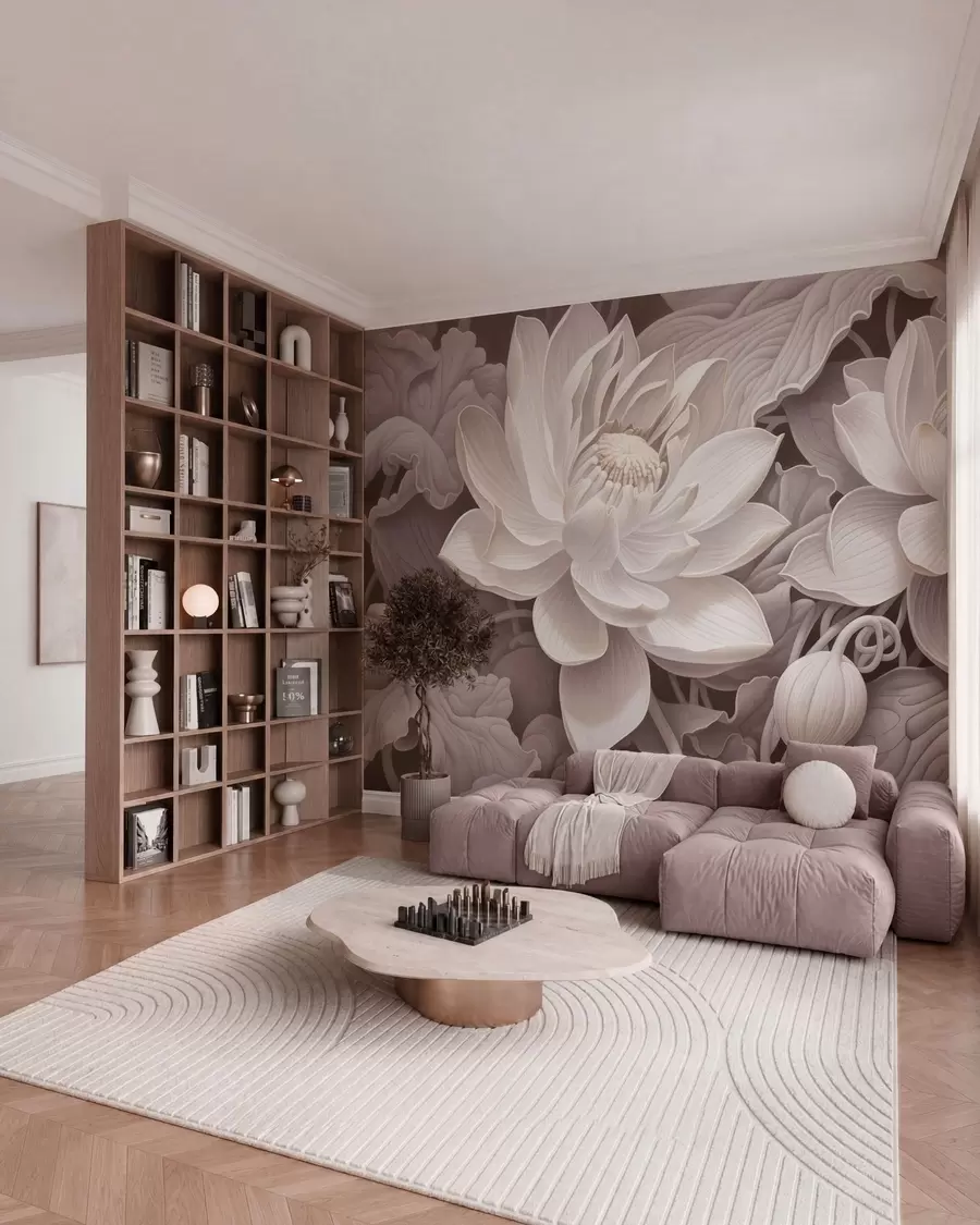 murales de pared Flores de loto de estilo vintage con suaves tonos sepia y pétalos detallados; ilustración botánica artística w05494v1