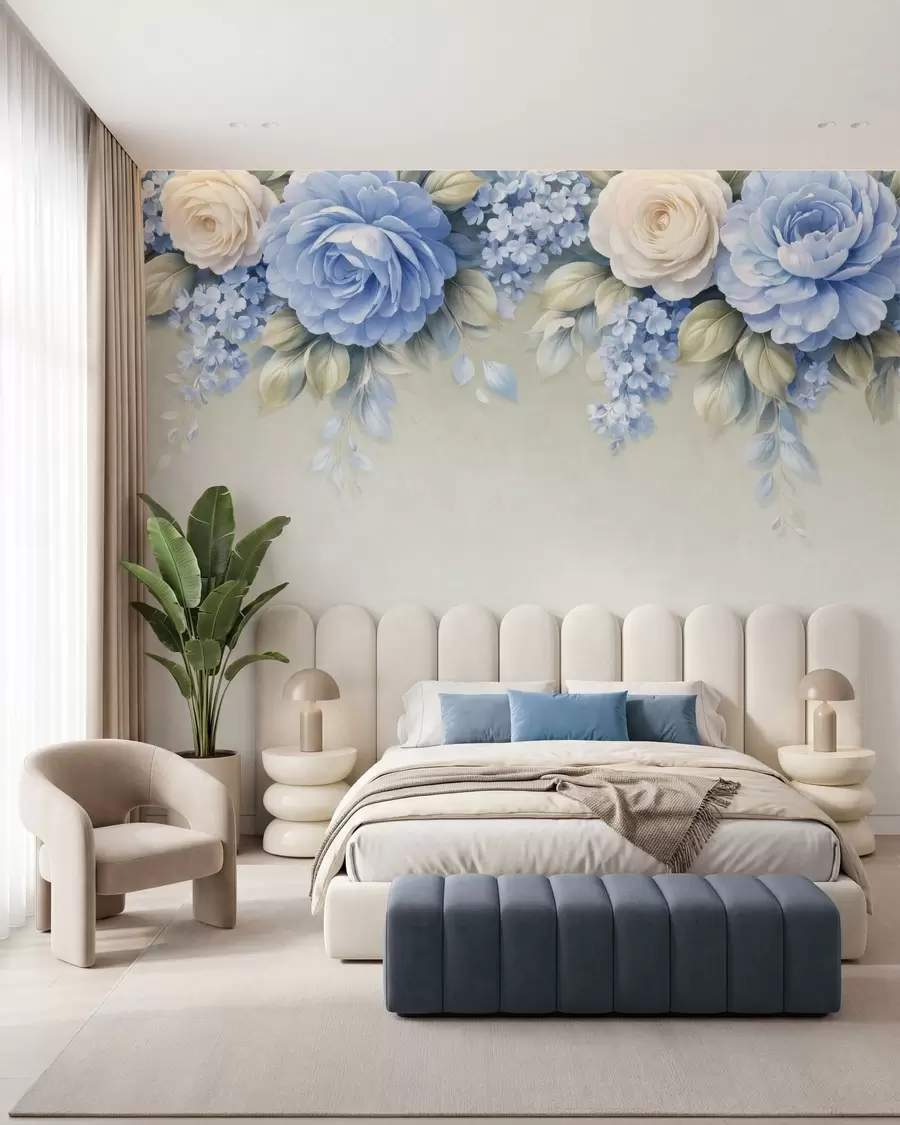 murales de pared Delicadas rosas y ramilletes florales en una composición botánica de inspiración porcelánica, con pétalos suaves dispuestos en capas y elegantes hojas onduladas w05495