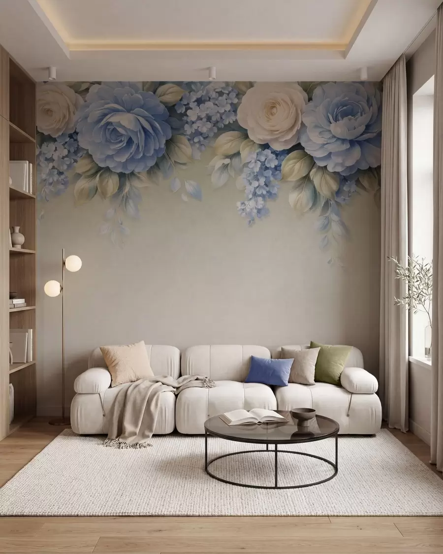 murales de pared Delicadas rosas y ramilletes florales en una composición botánica de inspiración porcelánica, con pétalos suaves dispuestos en capas y elegantes hojas onduladas w05495
