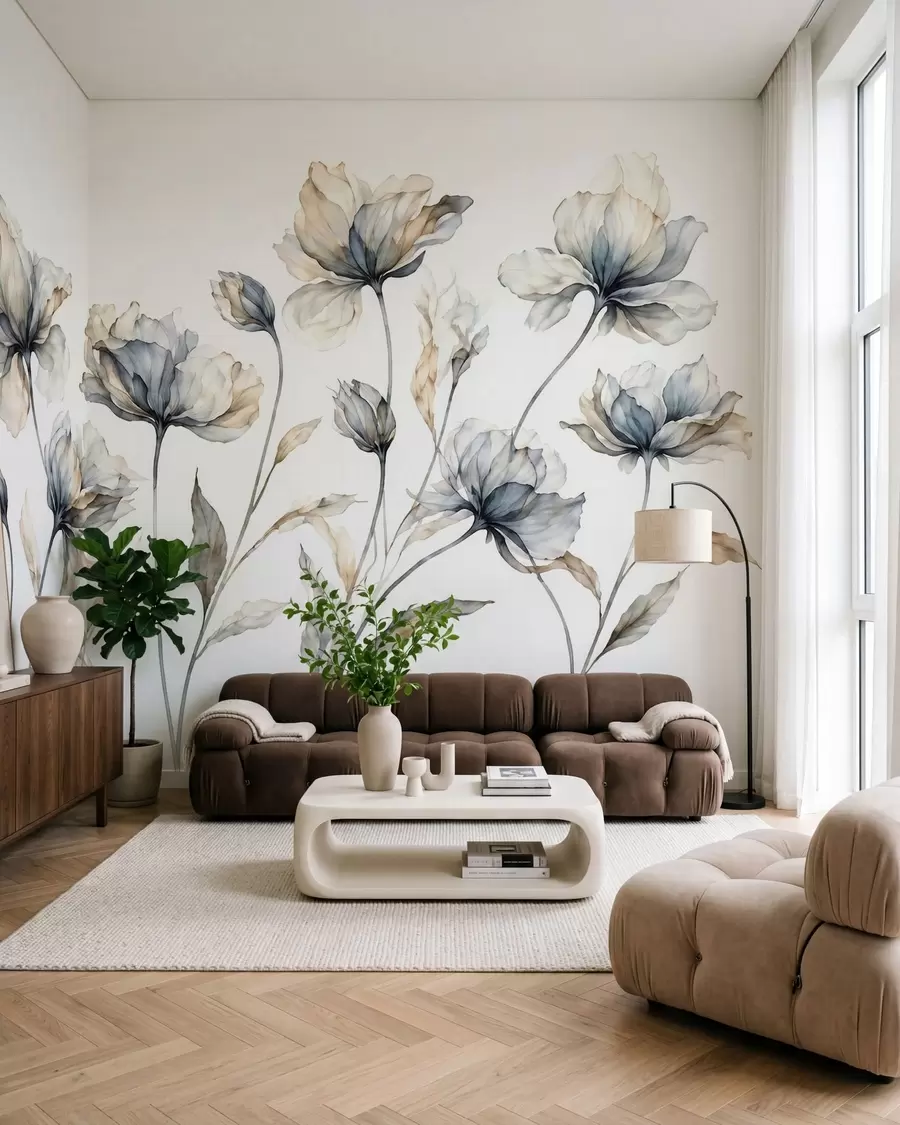 murales de pared Flores elegantes y ligeras, con pétalos translúcidos en capas y tallos largos y delicados w05579