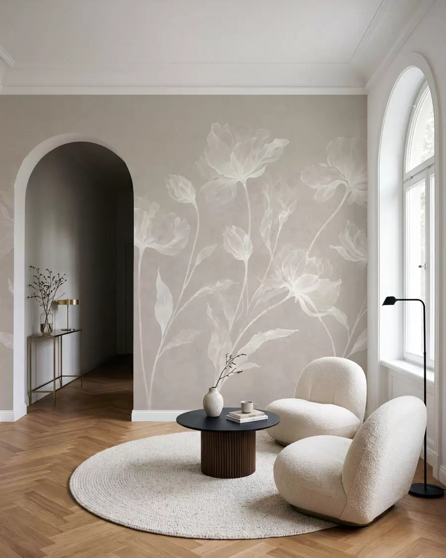 murales de pared Flores elegantes y ligeras, con pétalos translúcidos en capas y tallos largos y delicados w05579v1