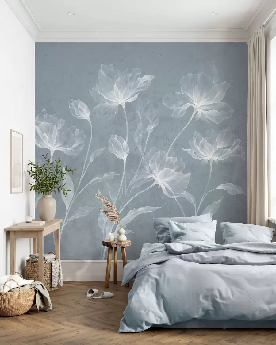 murales de pared Flores elegantes y ligeras, con pétalos translúcidos en capas y tallos largos y delicados w05579v2