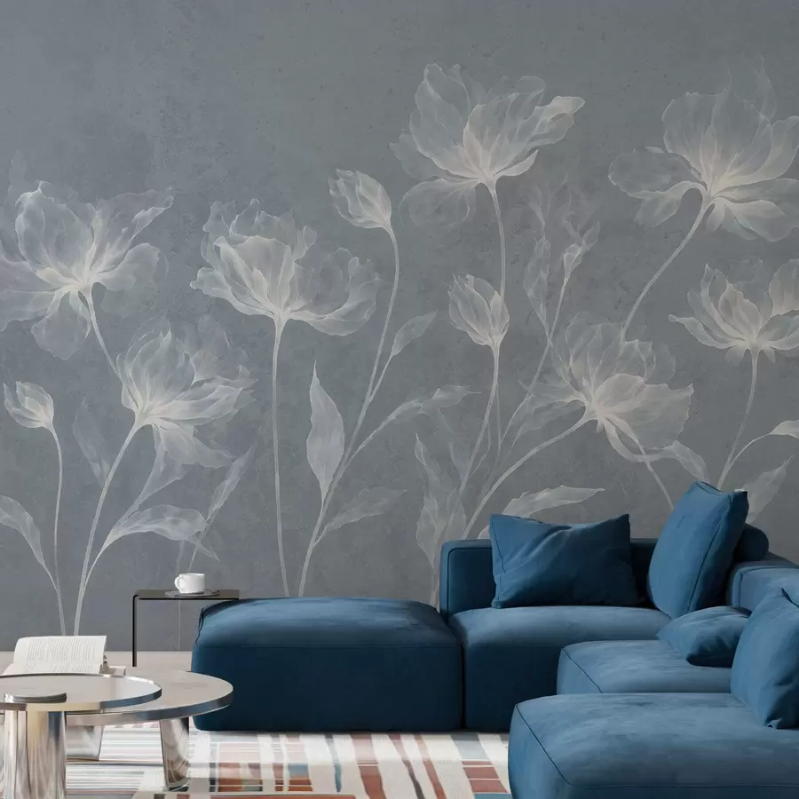 murales de pared Flores elegantes y ligeras, con pétalos translúcidos en capas y tallos largos y delicados w05579v2