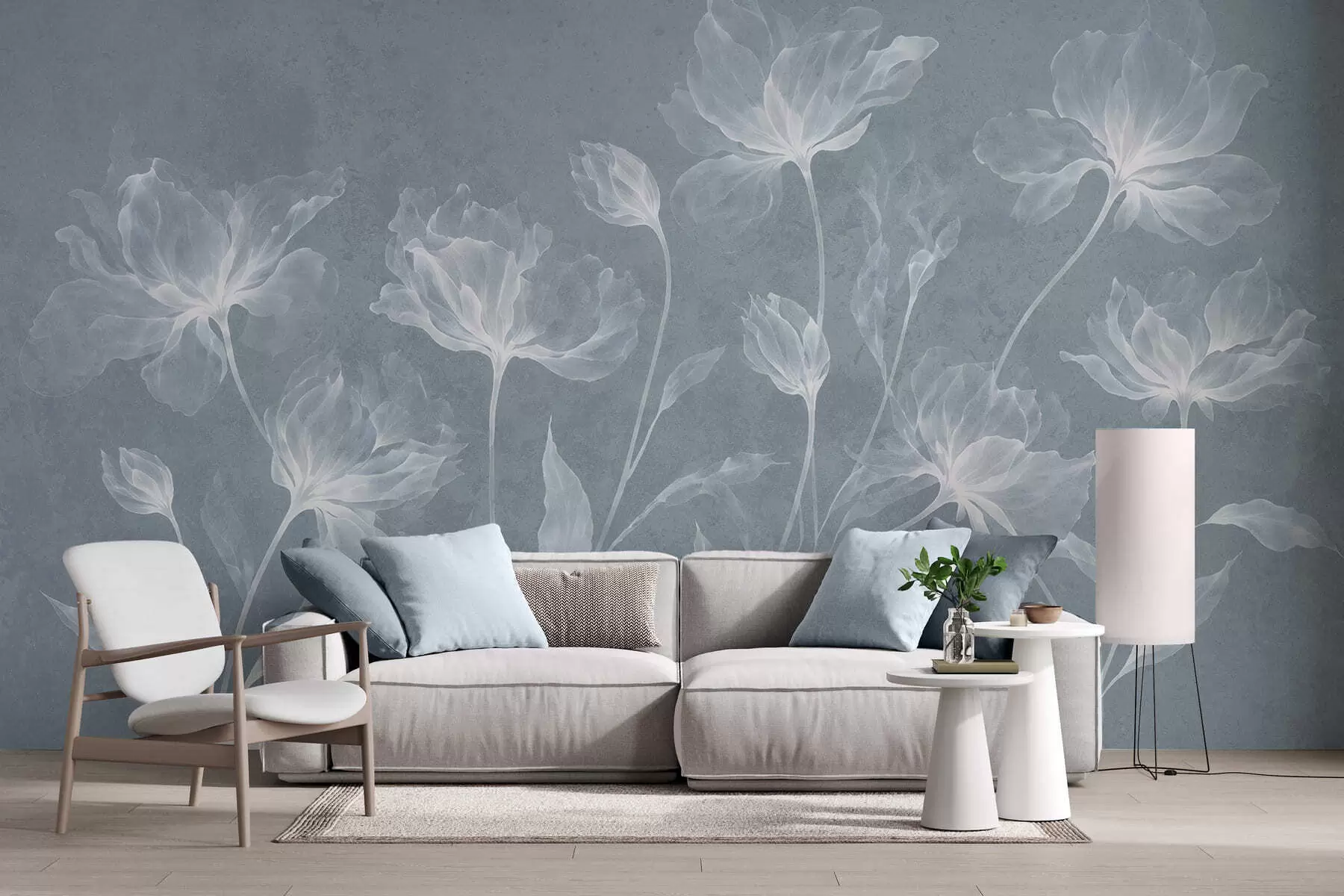 murales de pared Flores elegantes y ligeras, con pétalos translúcidos en capas y tallos largos y delicados w05579v2