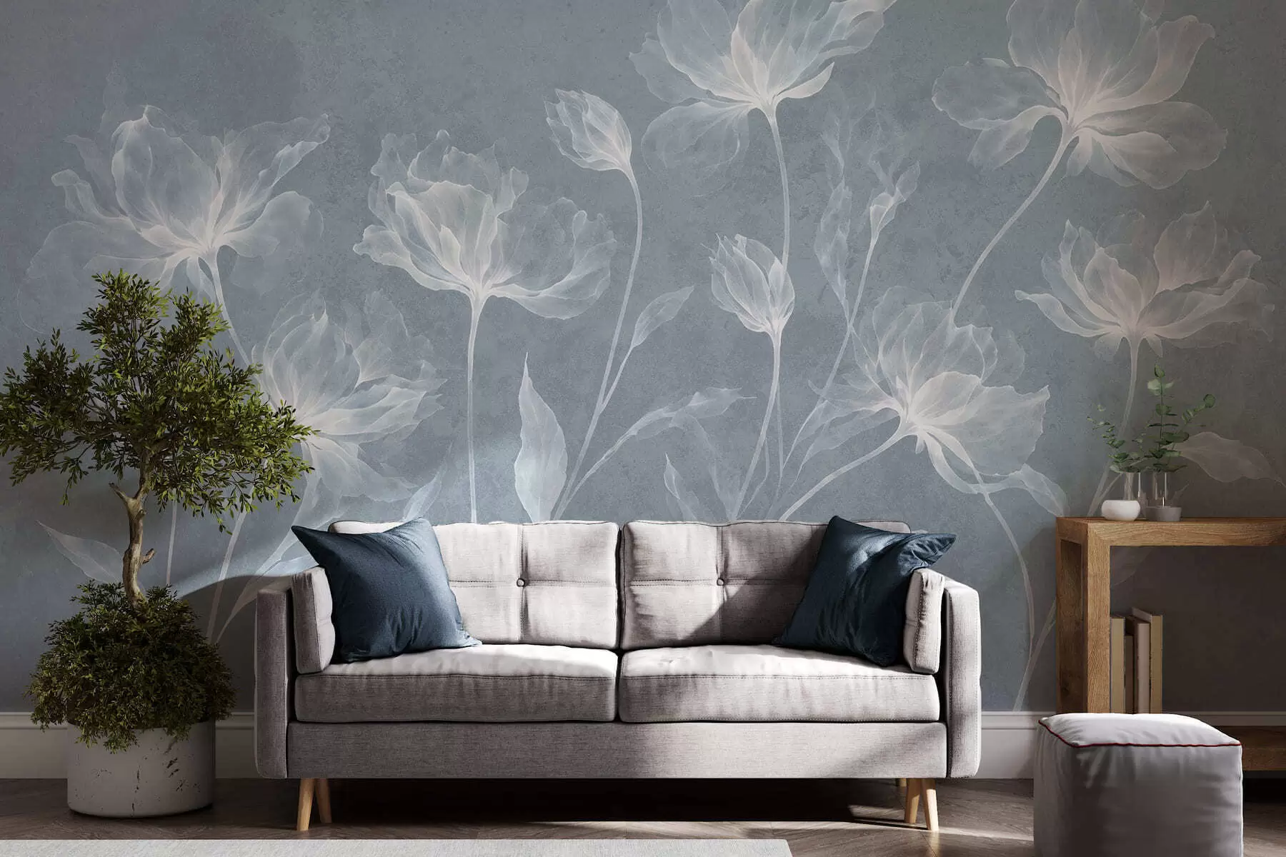 murales de pared Flores elegantes y ligeras, con pétalos translúcidos en capas y tallos largos y delicados w05579v2