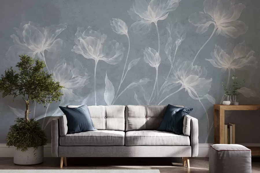 murales de pared Flores elegantes y ligeras, con pétalos translúcidos en capas y tallos largos y delicados w05579v2