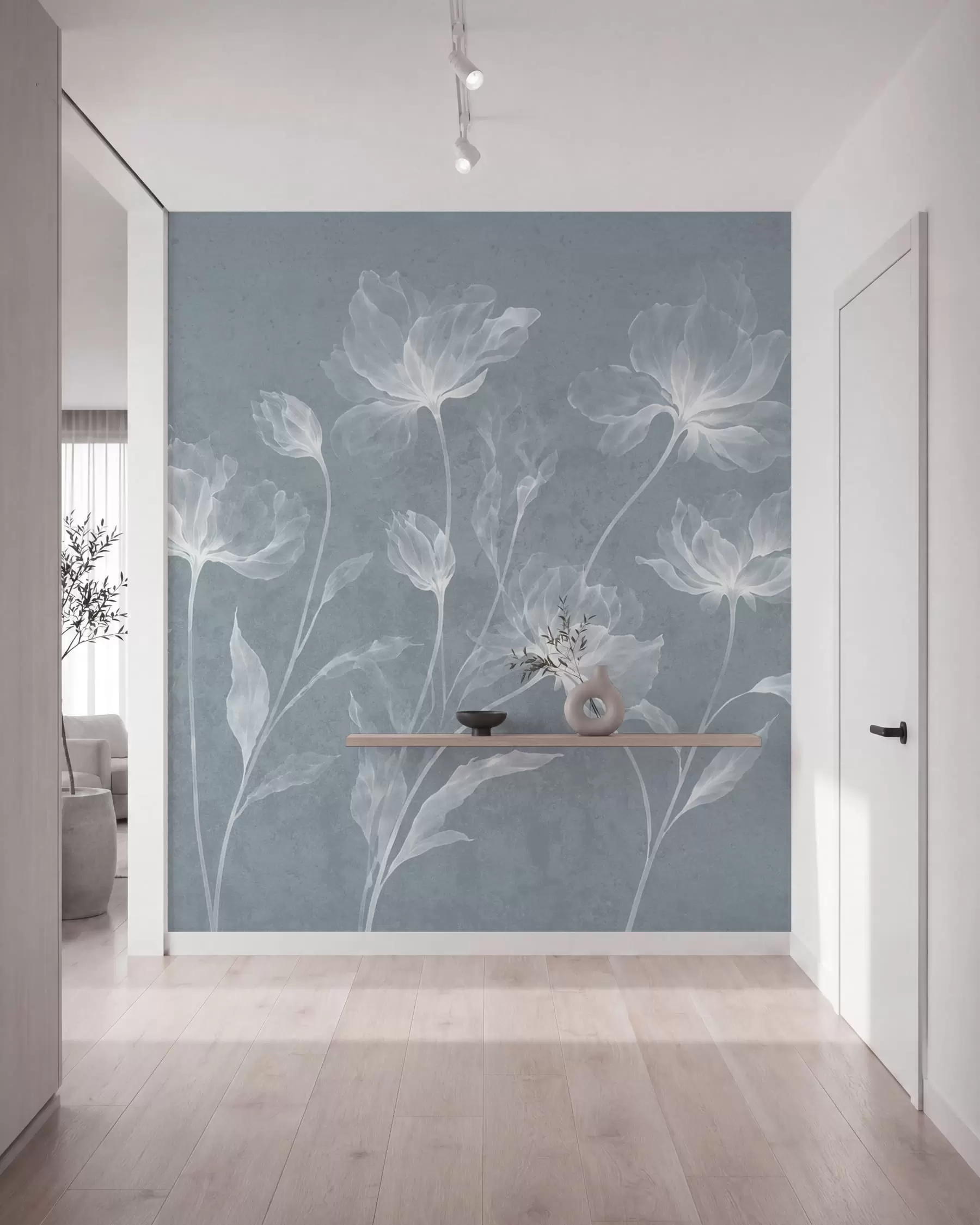 murales de pared Flores elegantes y ligeras, con pétalos translúcidos en capas y tallos largos y delicados w05579v2