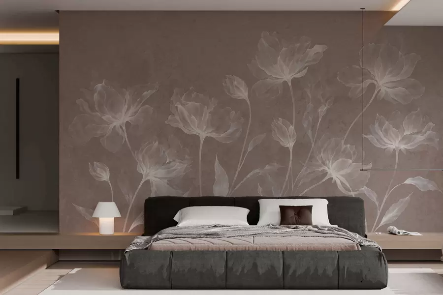 murales de pared Flores elegantes y ligeras, con pétalos translúcidos en capas y tallos largos y delicados w05579v3