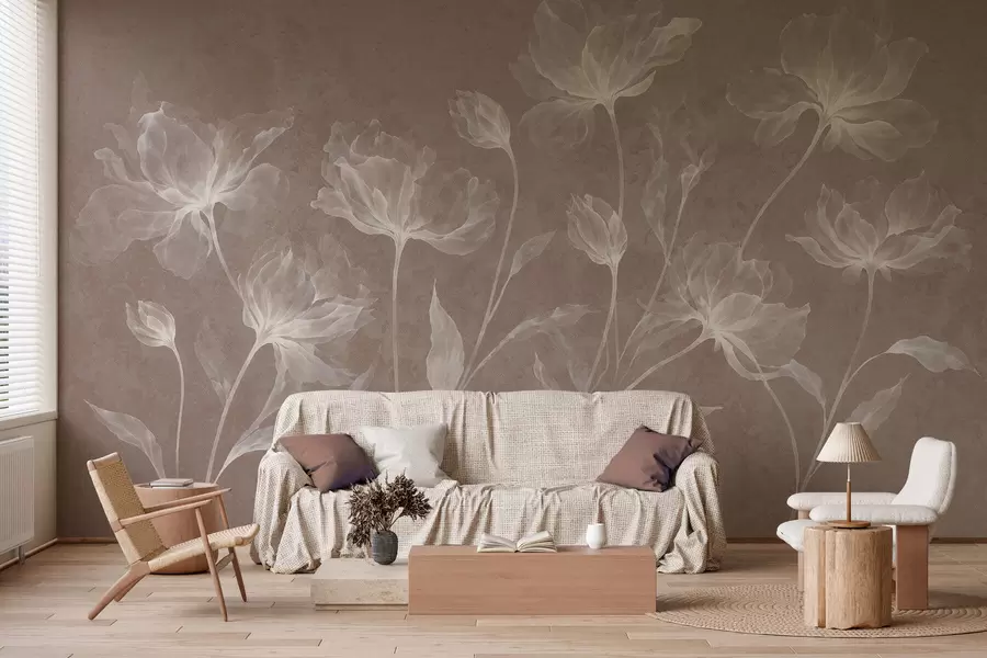 murales de pared Flores elegantes y ligeras, con pétalos translúcidos en capas y tallos largos y delicados w05579v3