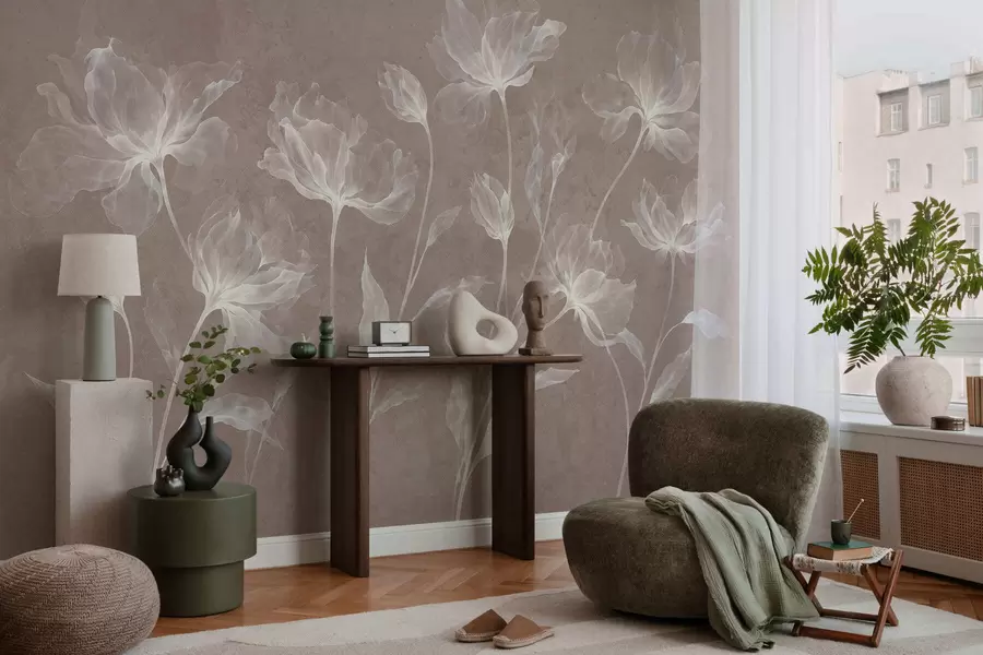 murales de pared Flores elegantes y ligeras, con pétalos translúcidos en capas y tallos largos y delicados w05579v3