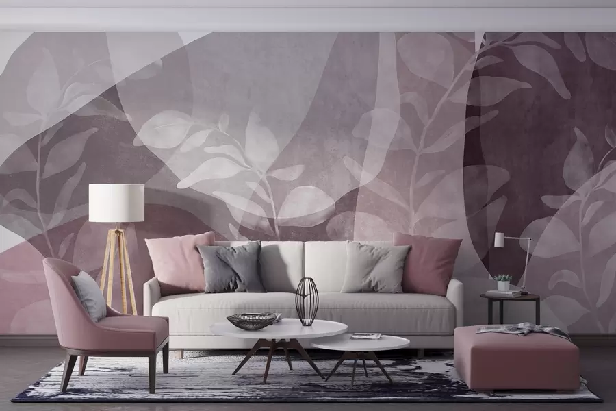 murales de pared Formas abstractas en tonos apagados se superponen a elementos botánicos transparentes y a motivos artísticos con textura w09865v1