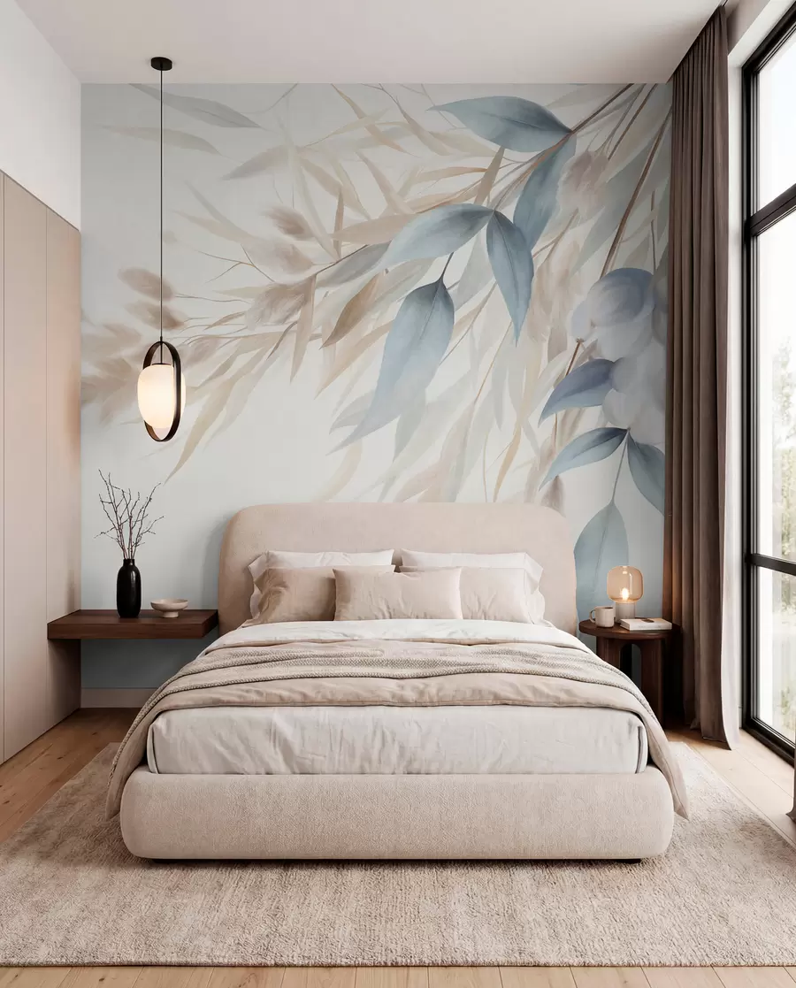 murales de pared Hierba seca con textura, hierba de la pampa y hojas azules, pintadas con un estilo suave, al estilo de la acuarela w09868