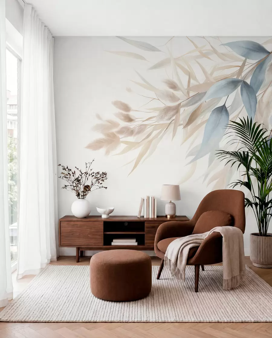 murales de pared Hierba seca con textura, hierba de la pampa y hojas azules, pintadas con un estilo suave, al estilo de la acuarela w09868