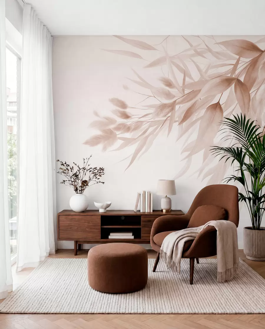 murales de pared Hierba seca con textura, hierba de la pampa y hojas, pintadas con un estilo suave, al estilo de la acuarela w09868v1