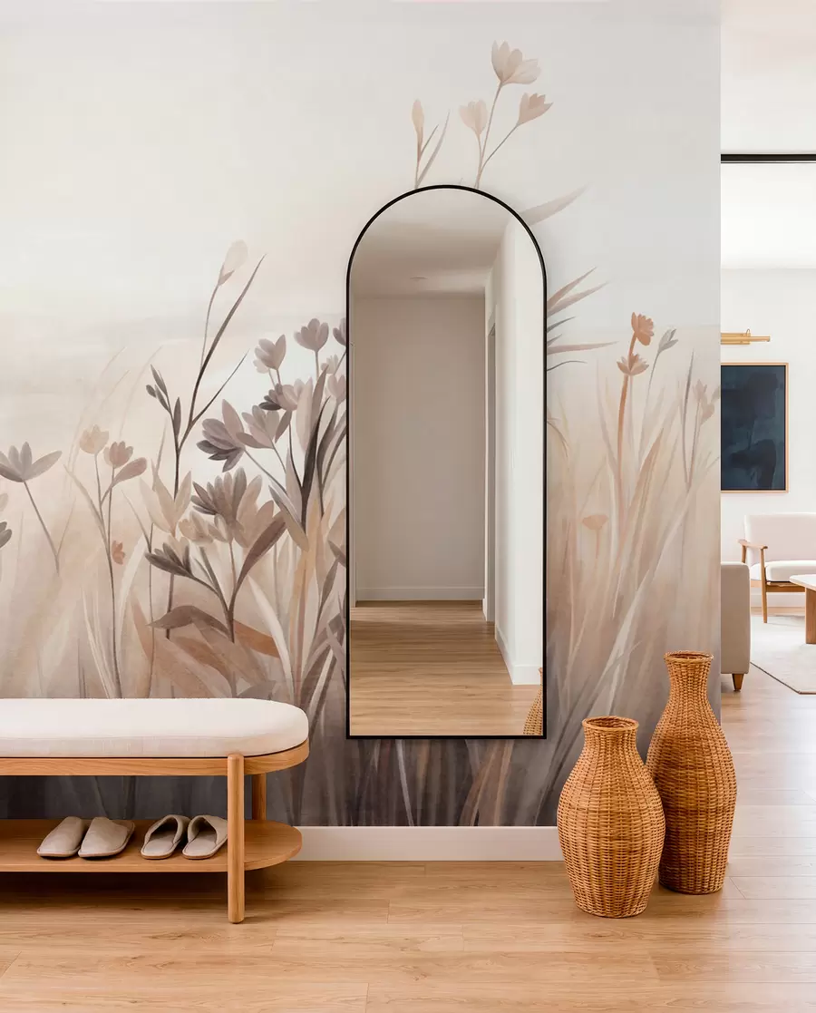 murales de pared Un campo de flores silvestres en tonos apagados de marrón y beige, con hierbas altas y delicadas flores w09872