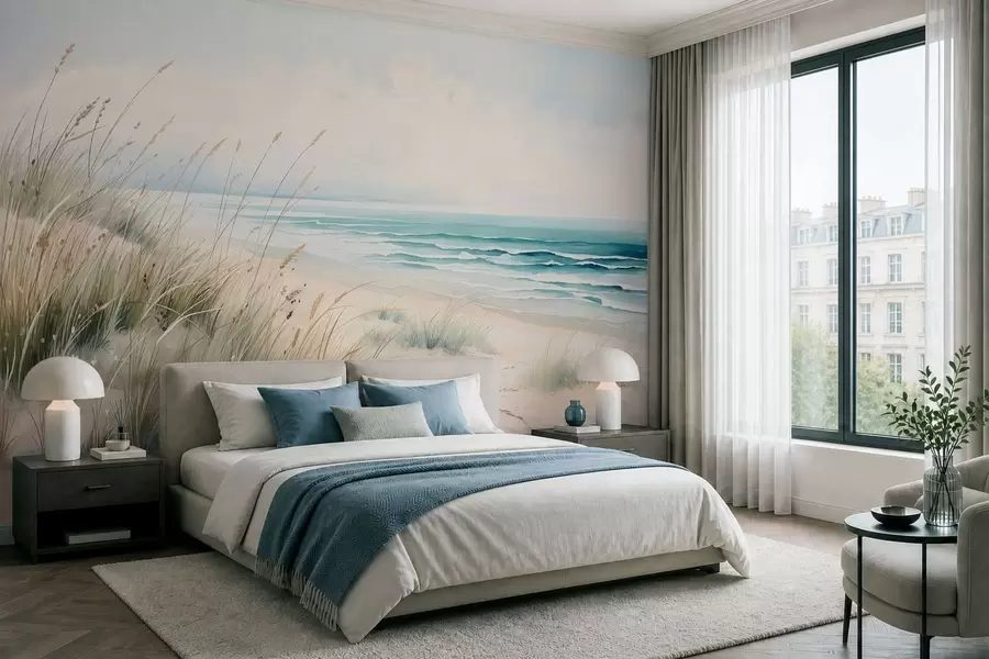 murales de pared Playa de arena con olas y dunas w05537