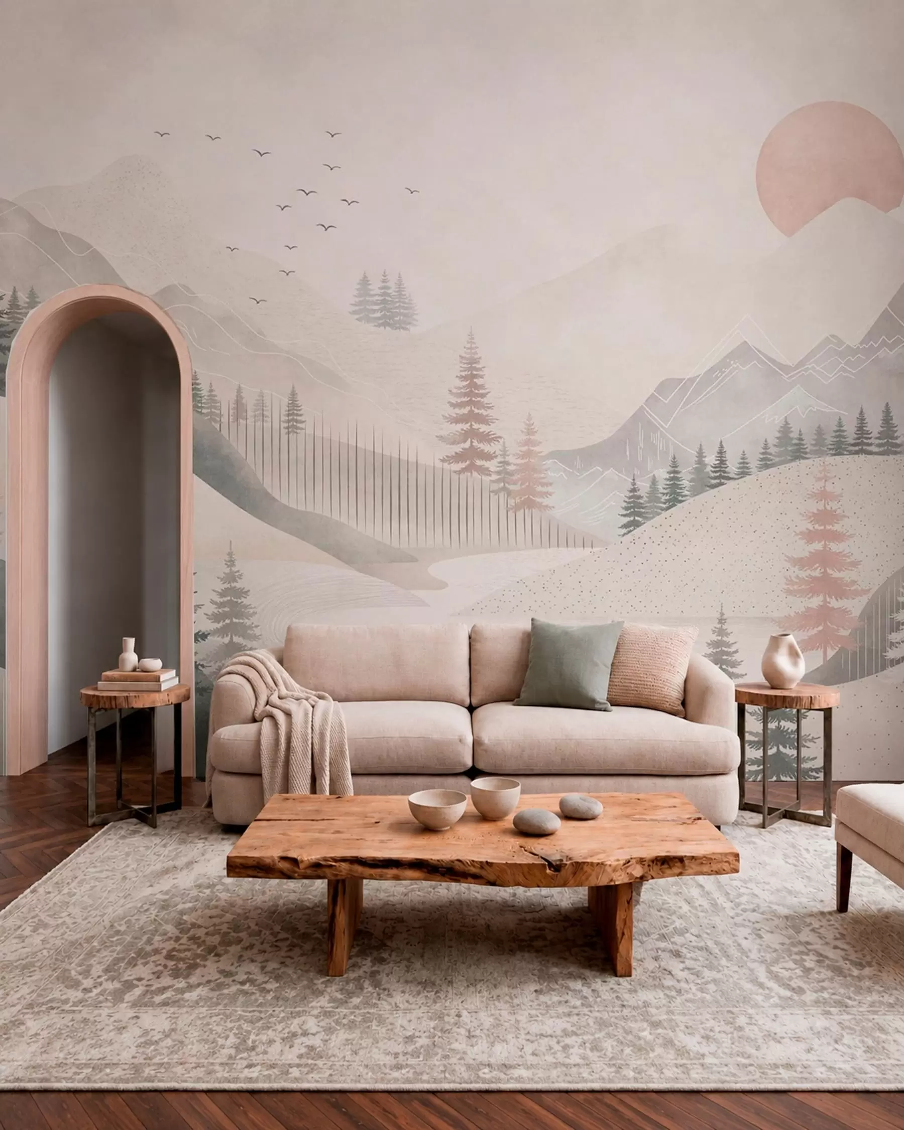 murales de pared Paisaje montañoso minimalista con pinos w05626