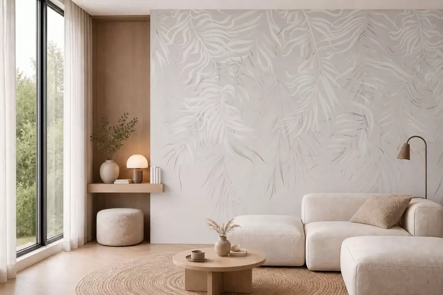 murales de pared Hojas tropicales blancas sobre fondo claro w05627v1