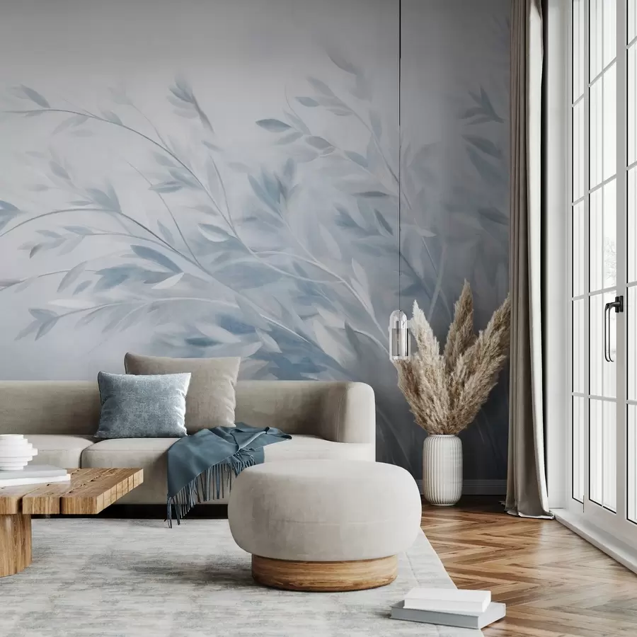 murales de pared Tallos de hierba con textura y hojas, que se mecen suavemente sobre un fondo suave y apagado w09752v1