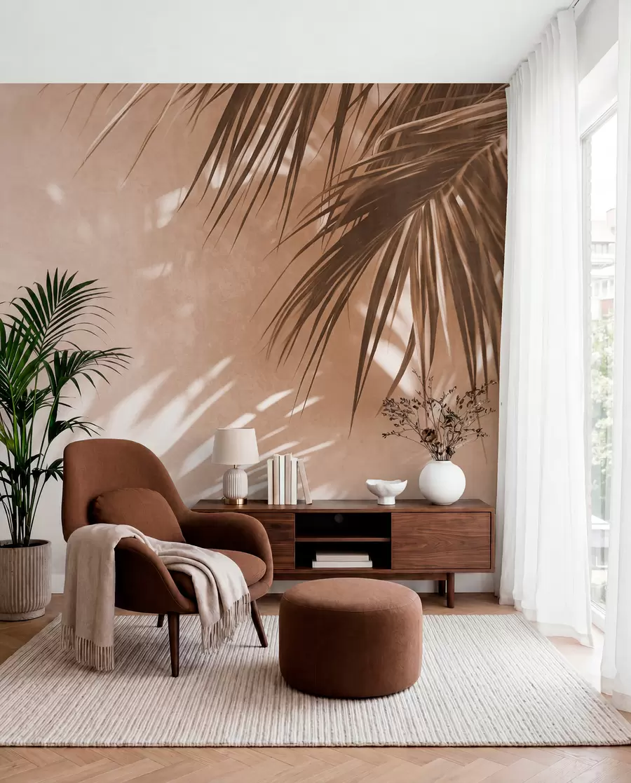 murales de pared Hojas de palmera con textura y sombras, un ambiente tropical, minimalismo w09890