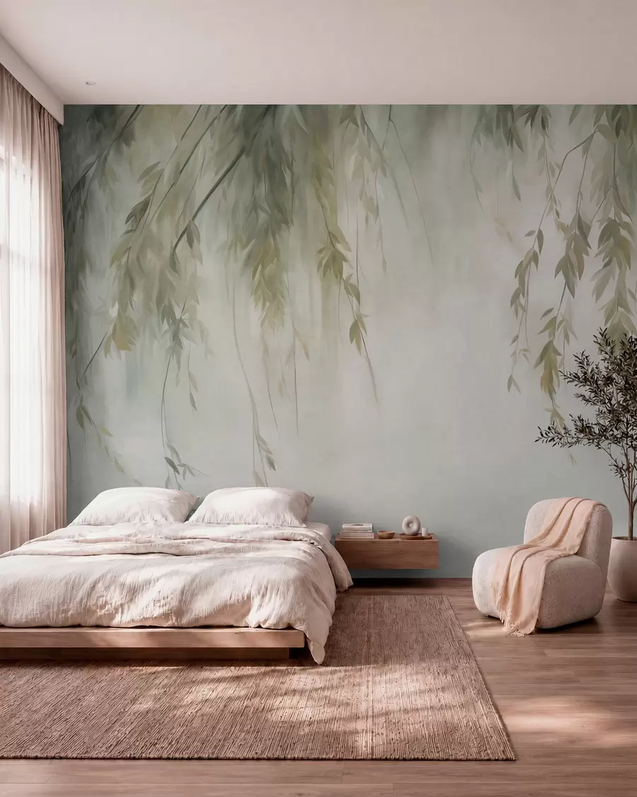 murales de pared Ramas de sauce con hojas de color verde pálido que cuelgan sobre un fondo tenue, al estilo de la acuarela w09893