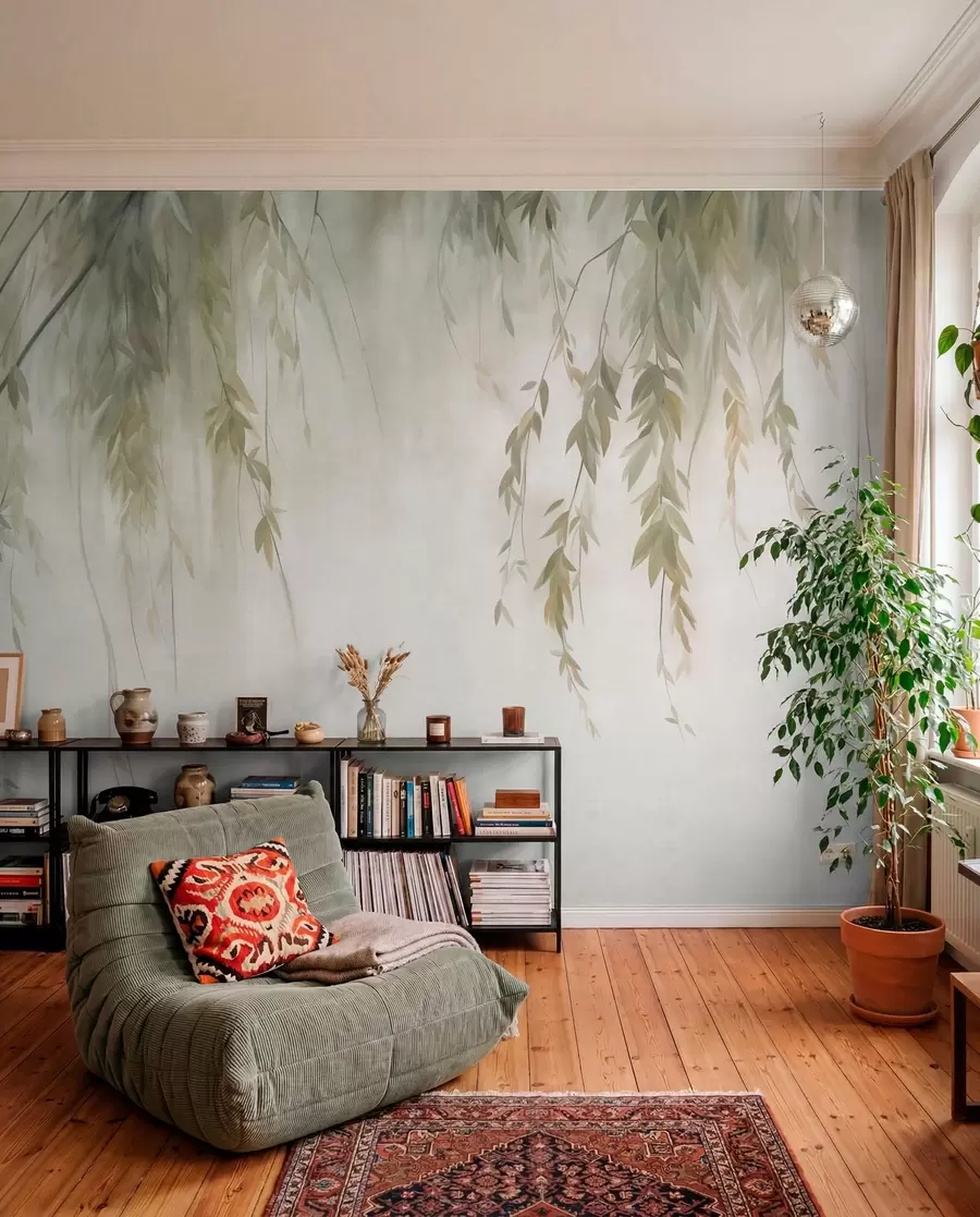 murales de pared Ramas de sauce con hojas de color verde pálido que cuelgan sobre un fondo tenue, al estilo de la acuarela w09893