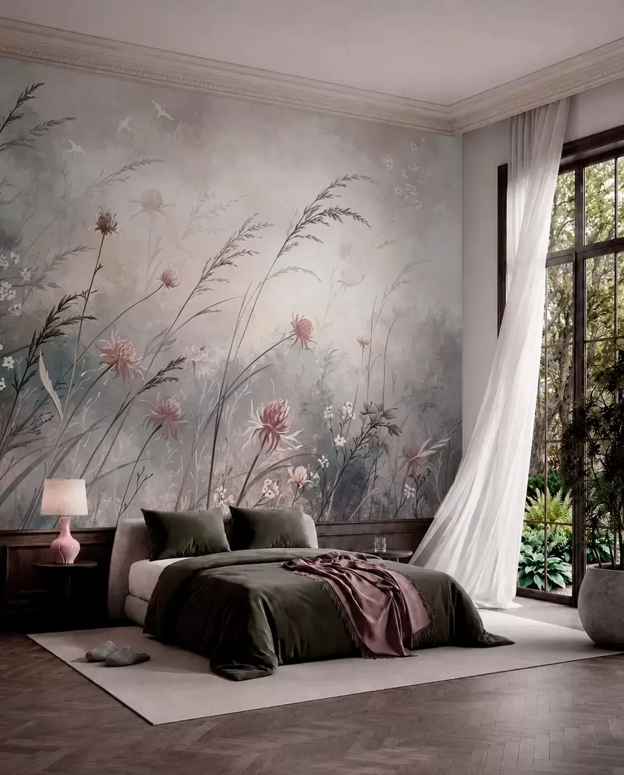 murales de pared Delicadas flores silvestres en un paisaje brumoso en tonos pastel w05538