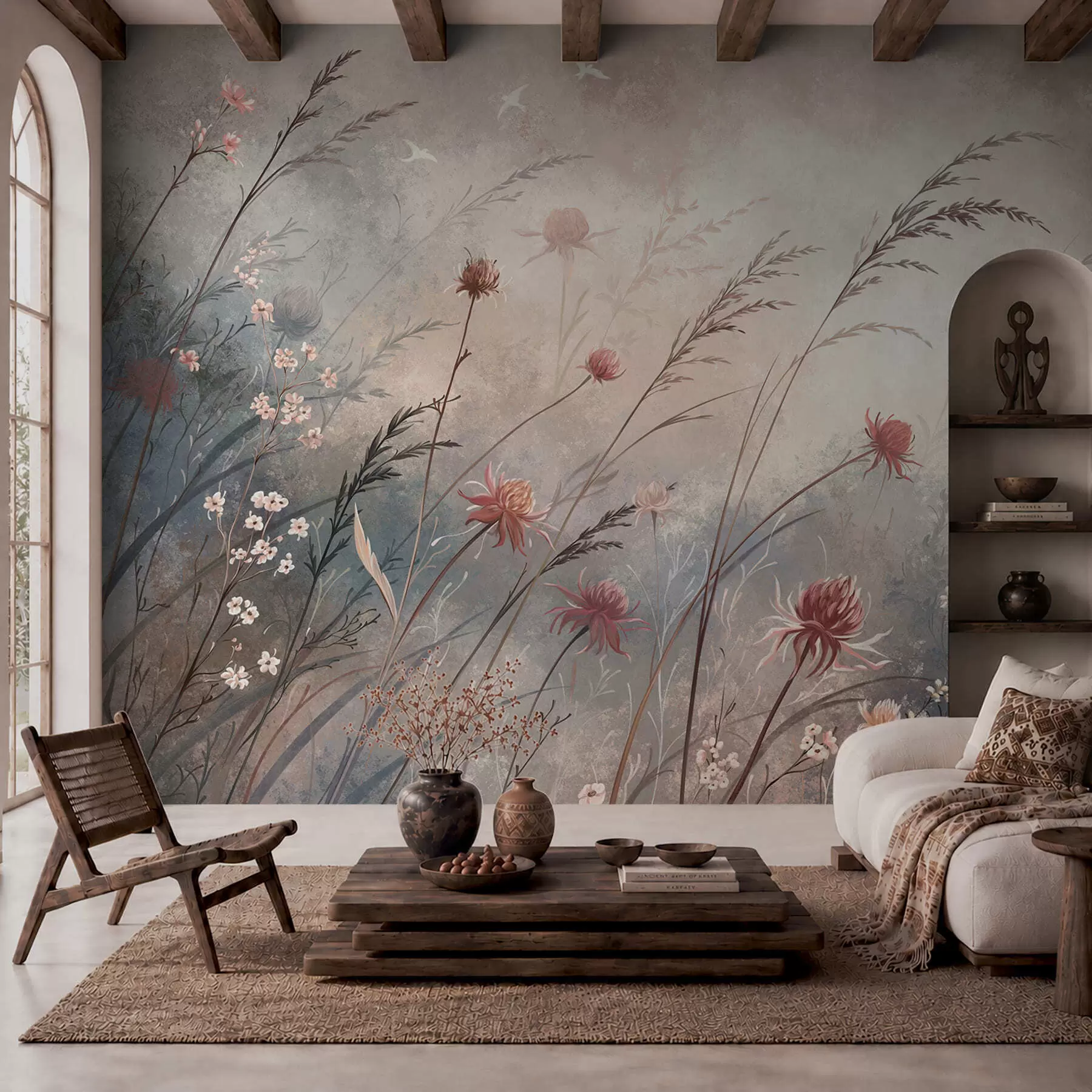 murales de pared Delicadas flores silvestres en un paisaje brumoso en tonos pastel w05538