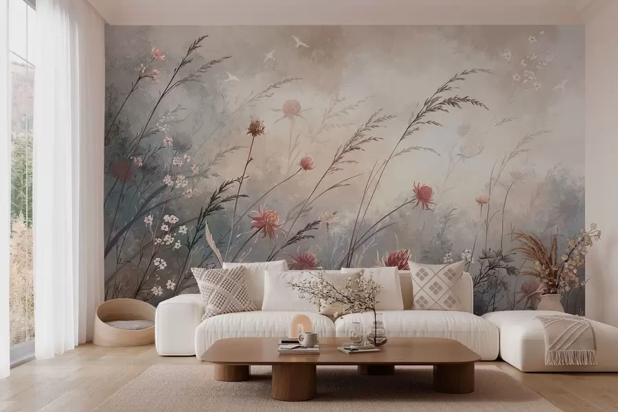 murales de pared Delicadas flores silvestres en un paisaje brumoso en tonos pastel w05538