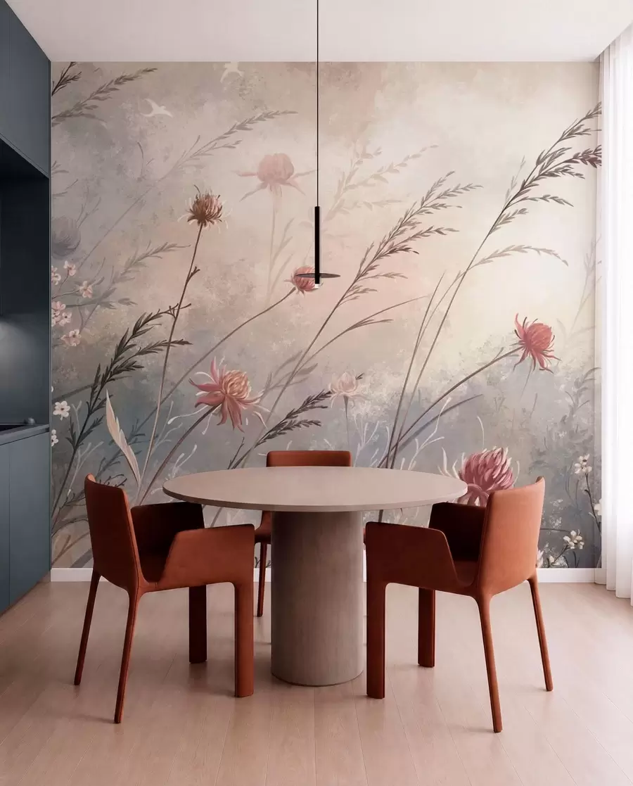 murales de pared Delicadas flores silvestres en un paisaje brumoso en tonos pastel w05538