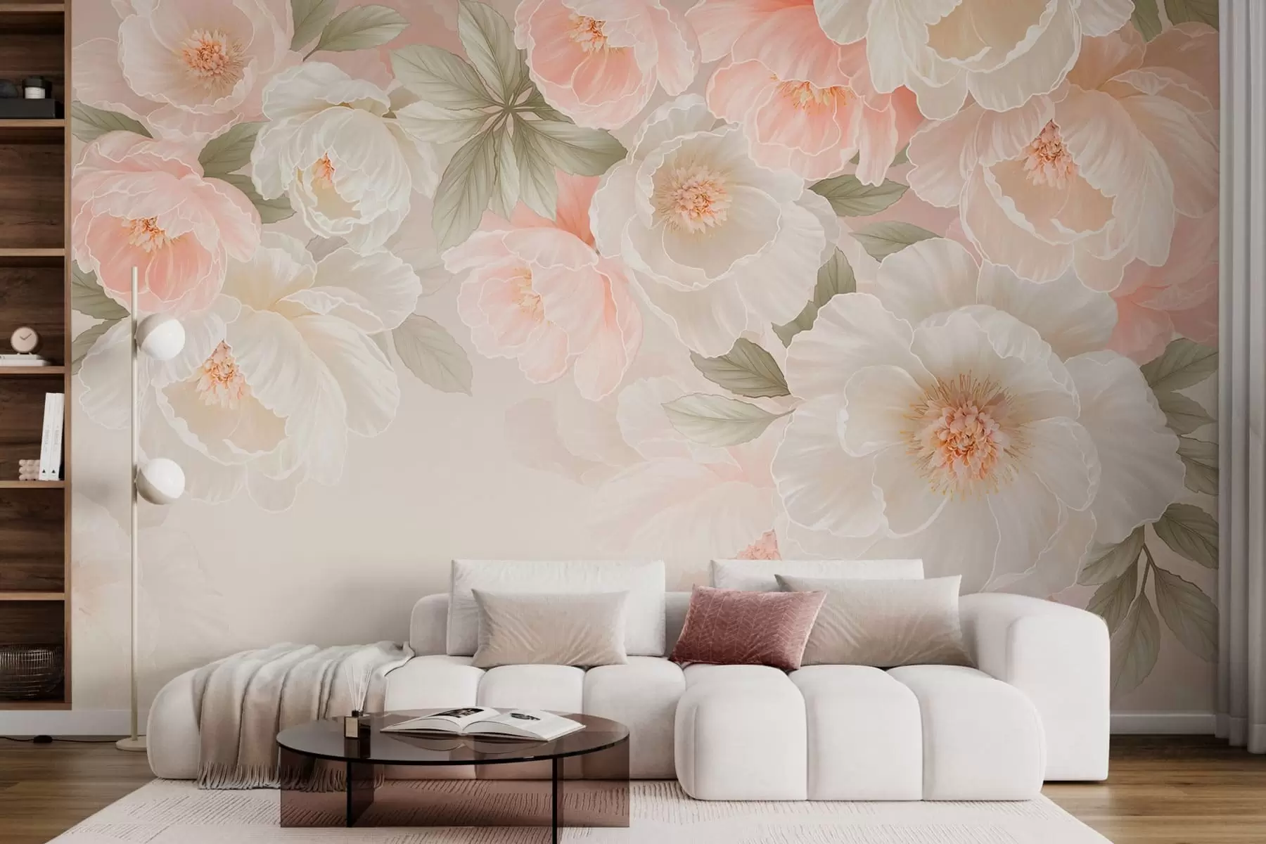 murales de pared Flores grandes y delicadas en tonos rosa y crema w05540