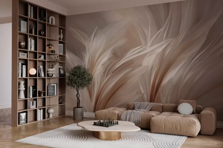 murales de pared Elegantes plumas en tonos beige y marrón w05658
