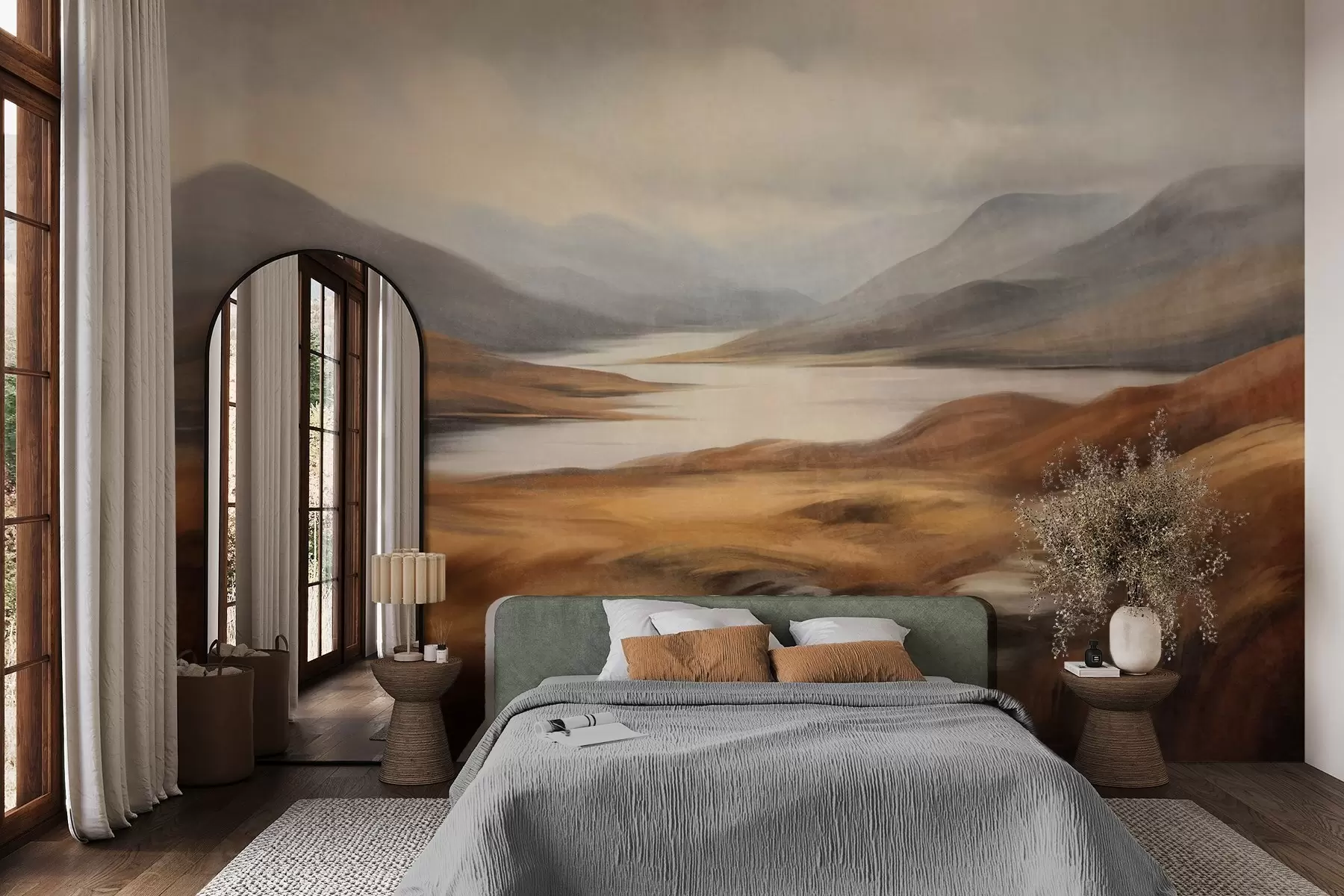murales de pared Paisaje con relieve, un lago rodeado de colinas y montañas bajo un cielo nublado con hierba seca w09756