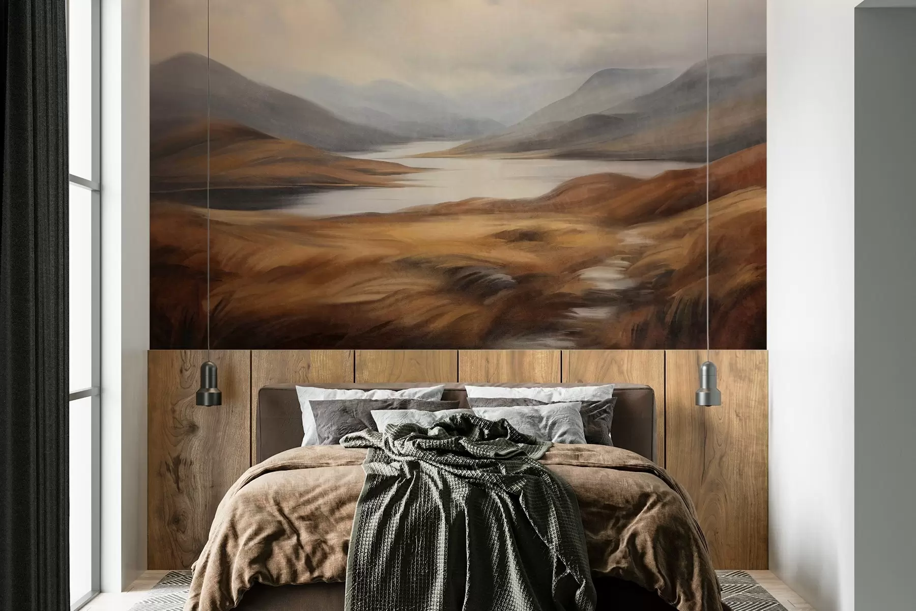 murales de pared Paisaje con relieve, un lago rodeado de colinas y montañas bajo un cielo nublado con hierba seca w09756