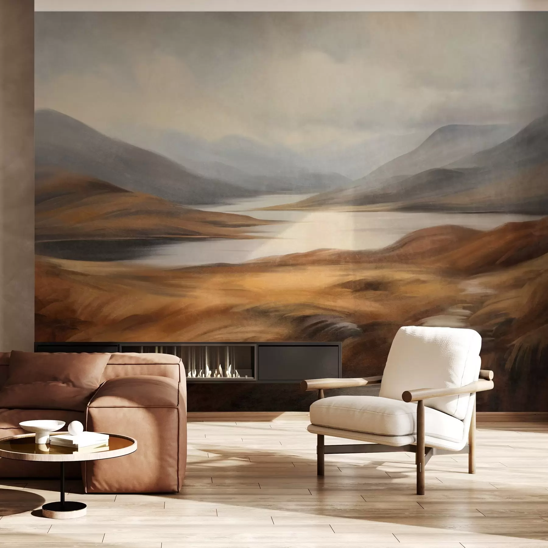 murales de pared Paisaje con relieve, un lago rodeado de colinas y montañas bajo un cielo nublado con hierba seca w09756