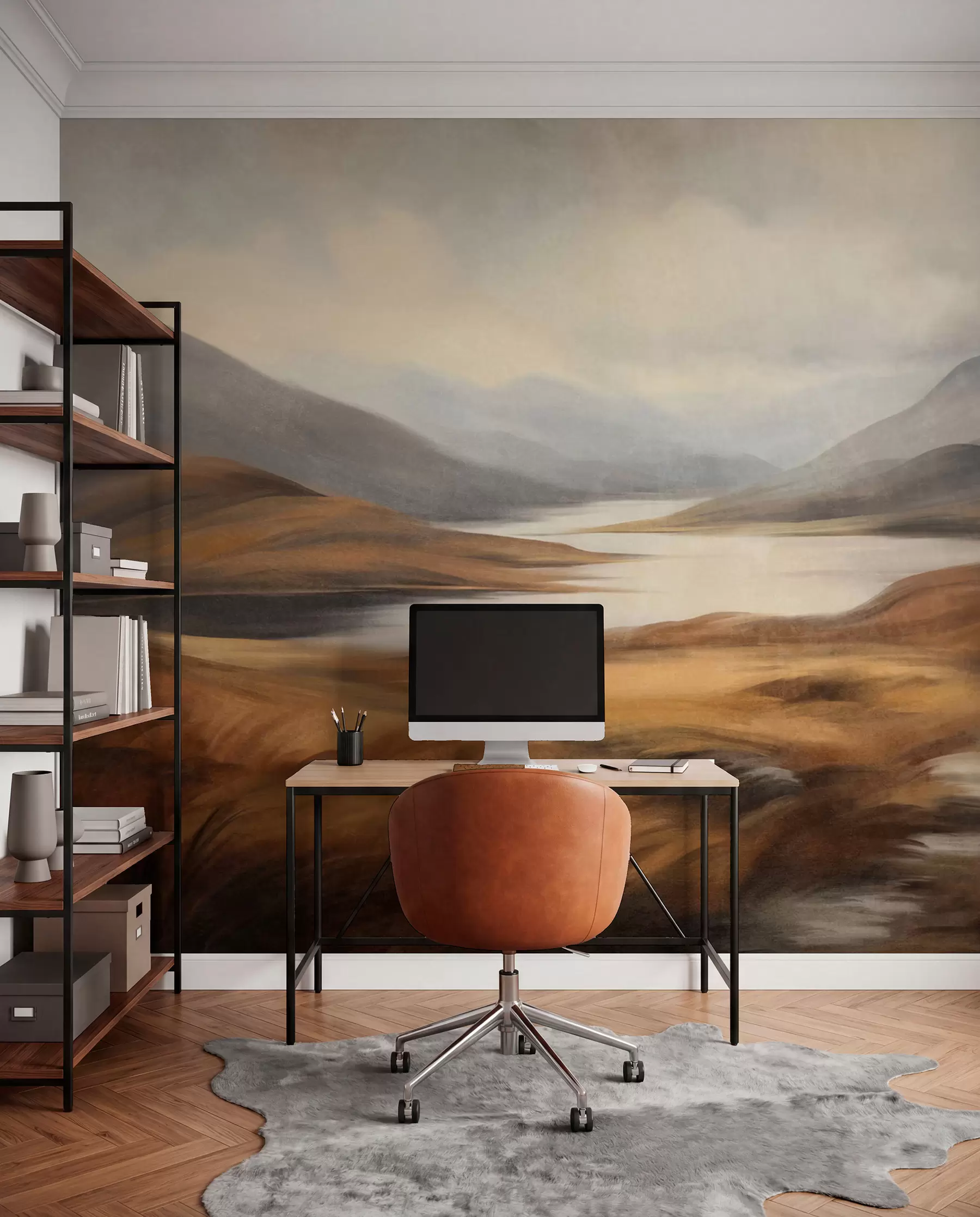 murales de pared Paisaje con relieve, un lago rodeado de colinas y montañas bajo un cielo nublado con hierba seca w09756