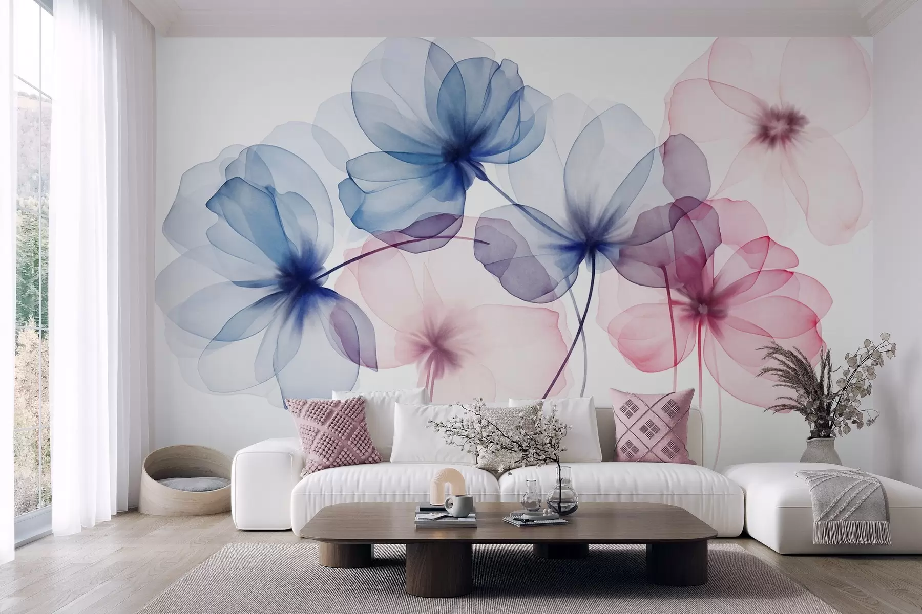 murales de pared Flores azules y rosas con textura translúcida sobre un fondo claro, con delicados pétalos superpuestos w09892