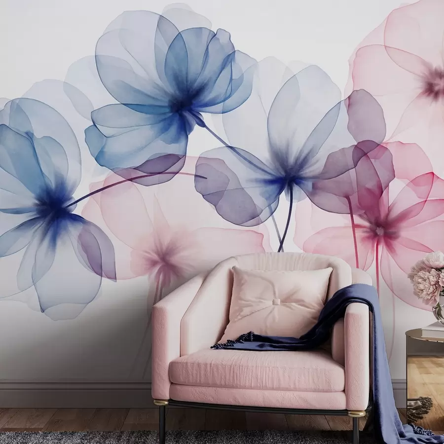 murales de pared Flores azules y rosas con textura translúcida sobre un fondo claro, con delicados pétalos superpuestos w09892