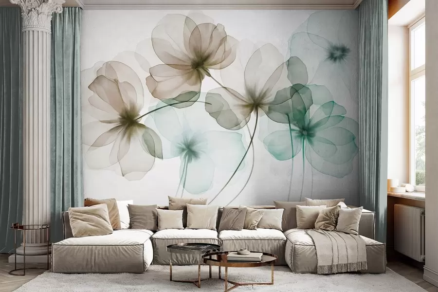 murales de pared Flores verdes y marrones con textura translúcida sobre un fondo claro, con delicados pétalos superpuestos w09892v1