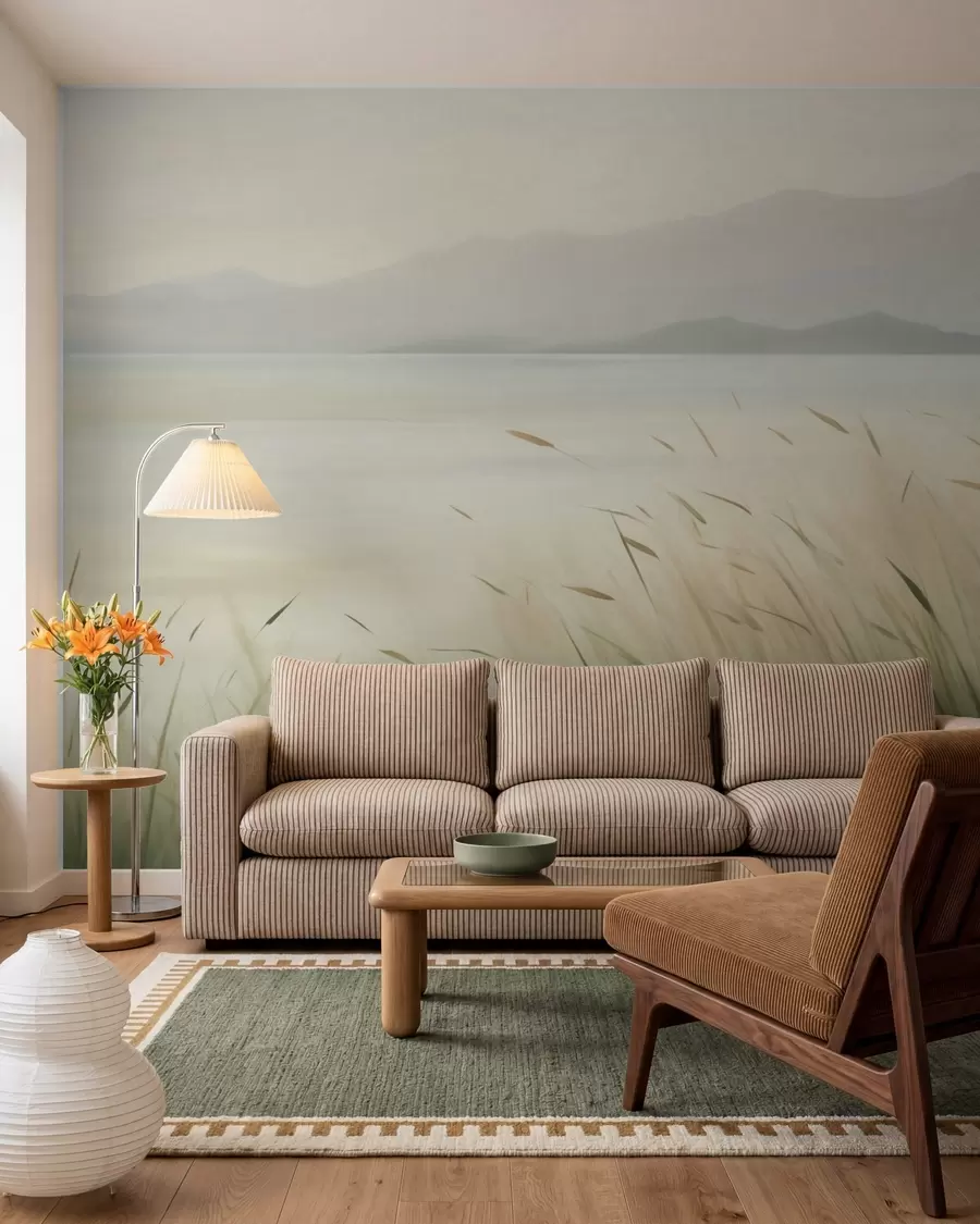 murales de pared Césped junto al lago con las montañas al fondo w05668