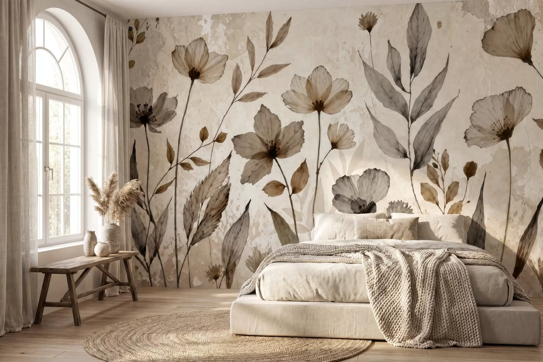 murales de pared Delicadas flores silvestres pintadas en acuarela en una suave paleta de tonos beige y crema w09875